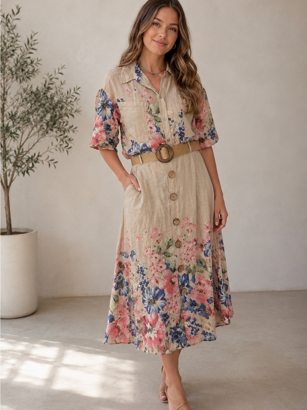 NWT 100% Linen Floral two piece set-with belt